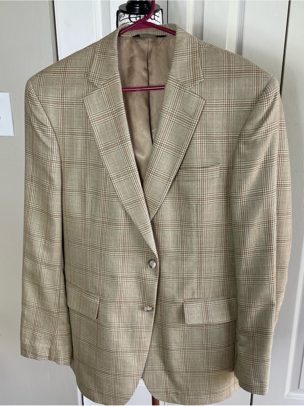 Jos. A. Bank Silk/Wool Beige Houndstooth Windowpane Plaid 41R Blazer Suit Jacket